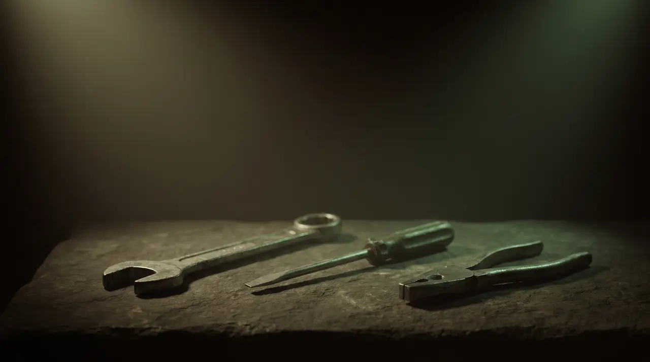 three plain green-lit plain tools on dark stone, unglamorous