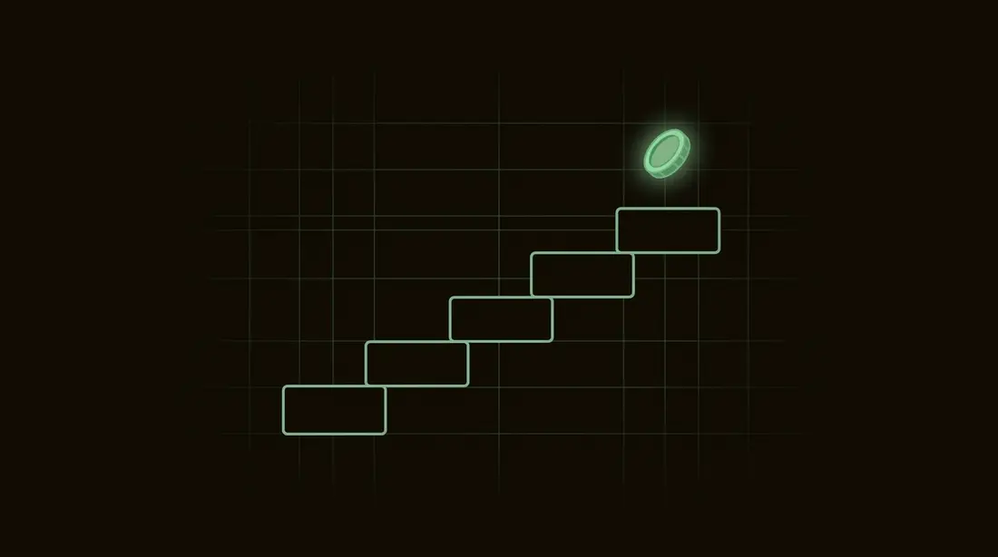 five phosphor green steps rising from a dark floor toward a small glowing coin