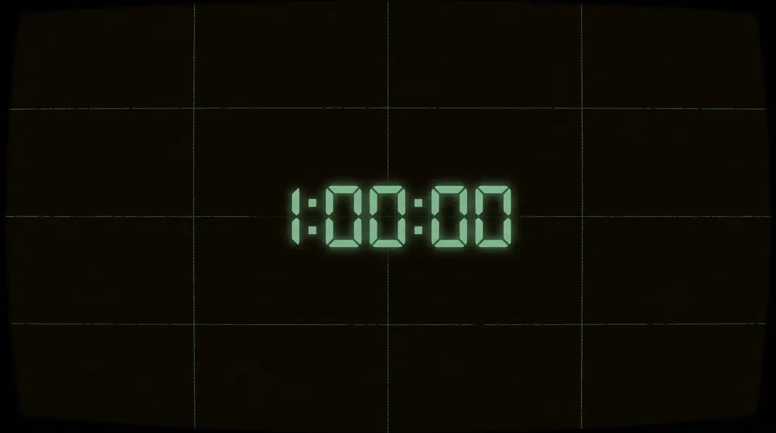 a dark terminal countdown showing one hour in phosphor green digits