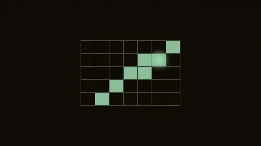 a dark calendar grid with a rising streak of green filled days