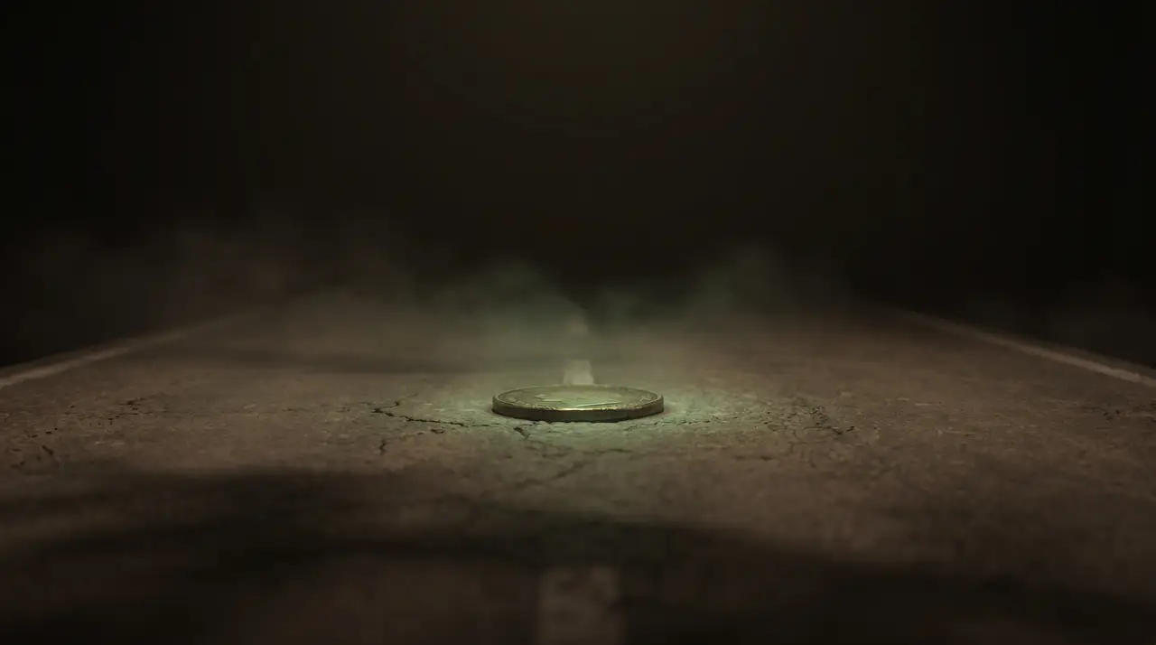 a small green coin at the end of a long dark road, faint glow