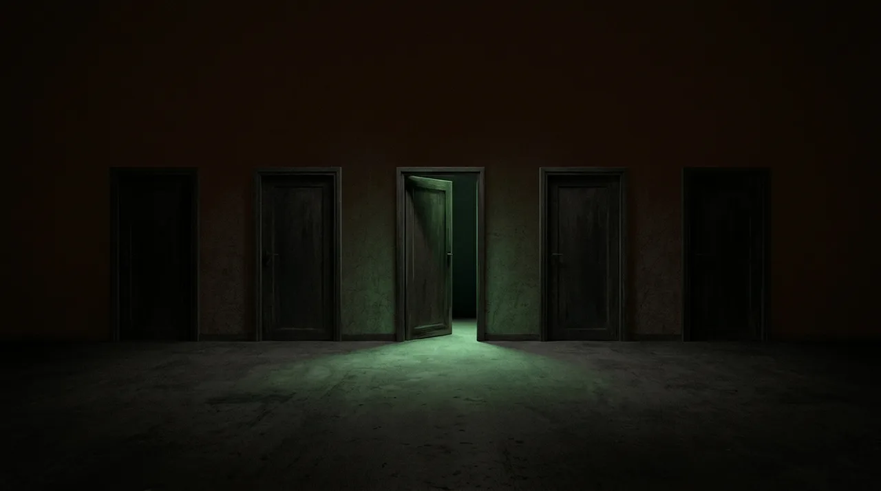 five dark doors in a row, one ajar spilling green light onto the floor