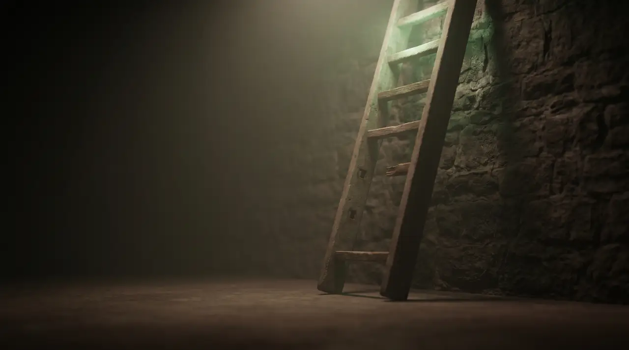 a green ladder with missing easy rungs climbing in the dark
