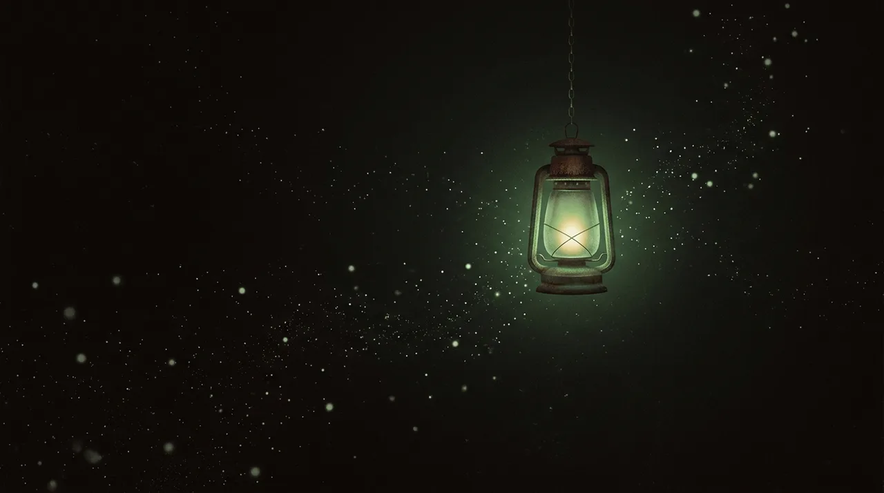 faint dots of light drifting toward one green lantern in the dark