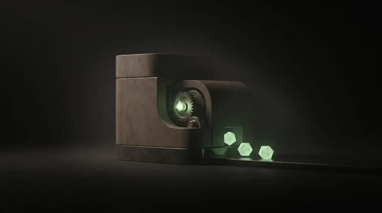 a green spark turning a quiet machine that outputs value