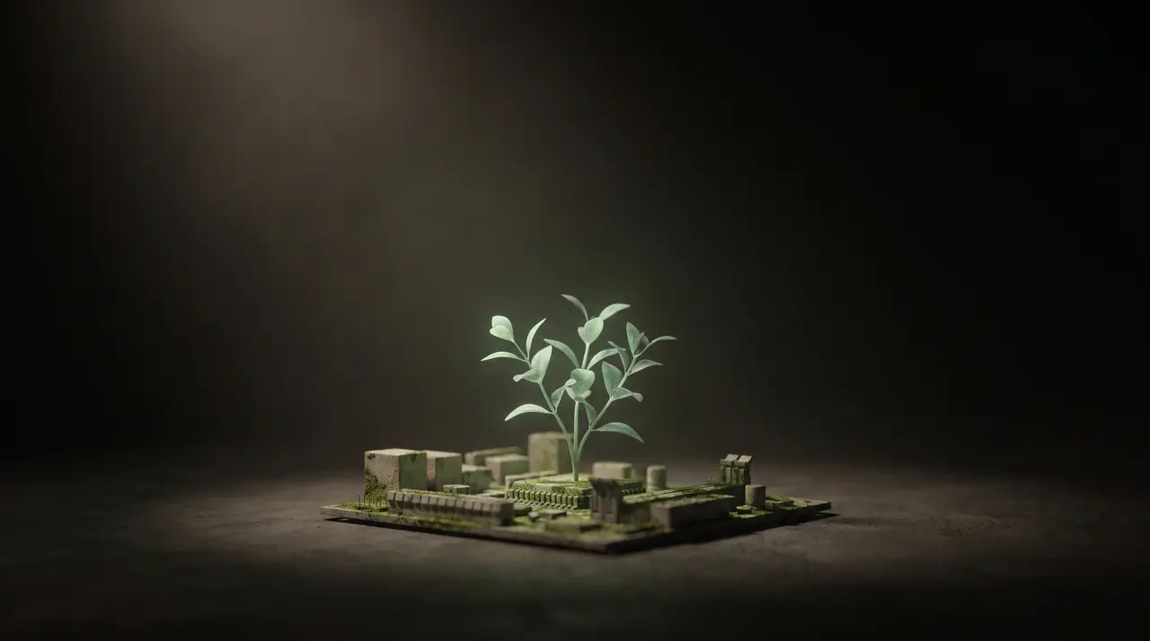 a small green plant growing from a circuit board in darkness