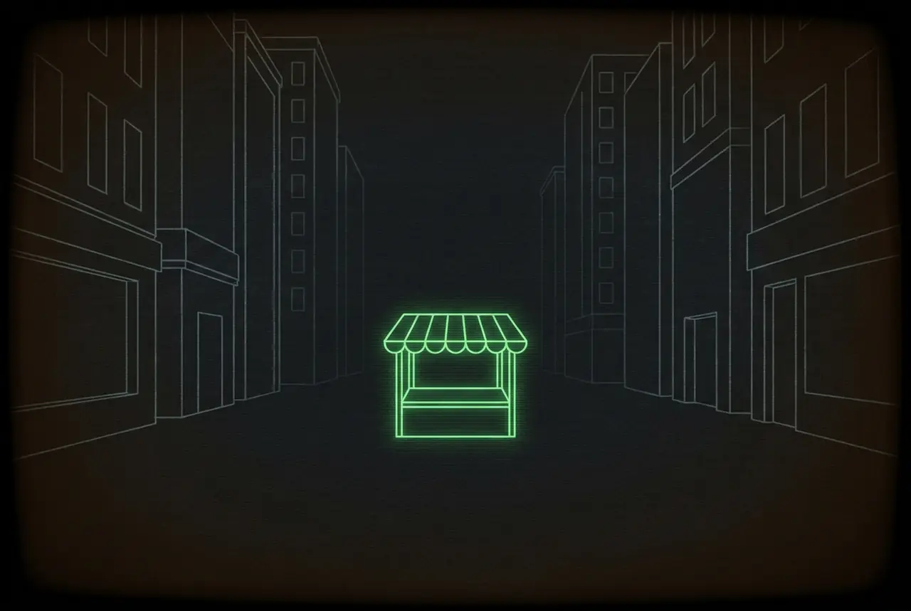 one small lit market stall in a street of tall unlit buildings