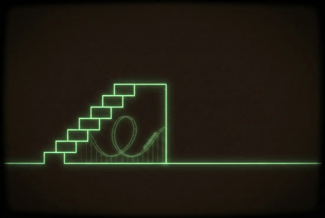 a steady staircase rising beside a rollercoaster track dipping below the floor