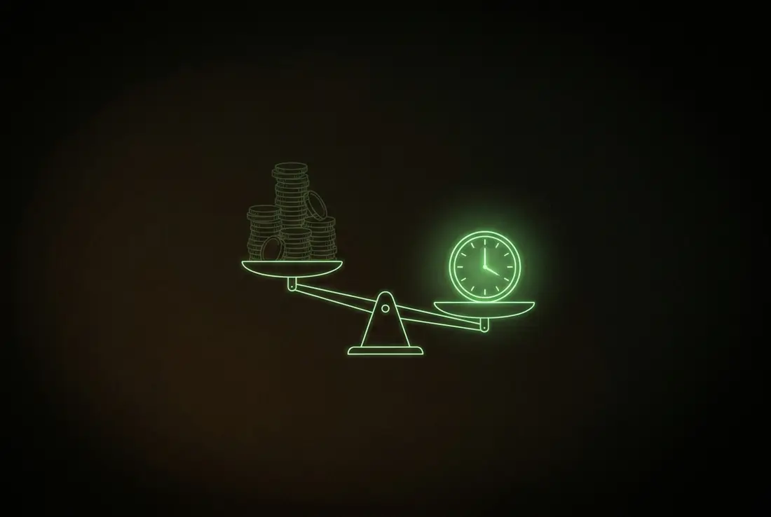 a scale weighing a pile of coins against one small glowing clock, the clock heavier