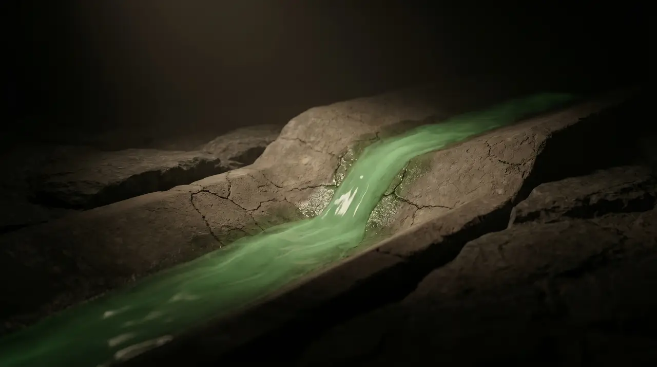 one steady green stream still flowing while others dried, dark