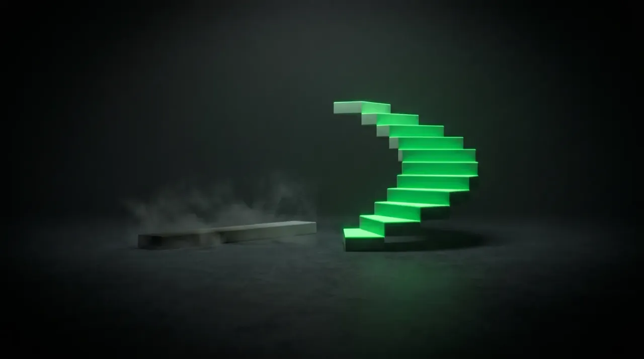 a flat paycheck bar fading next to a phosphor-green staircase climbing upward - equity