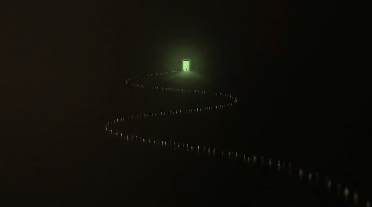 a long winding queue of tiny figures leading to one glowing green doorway
