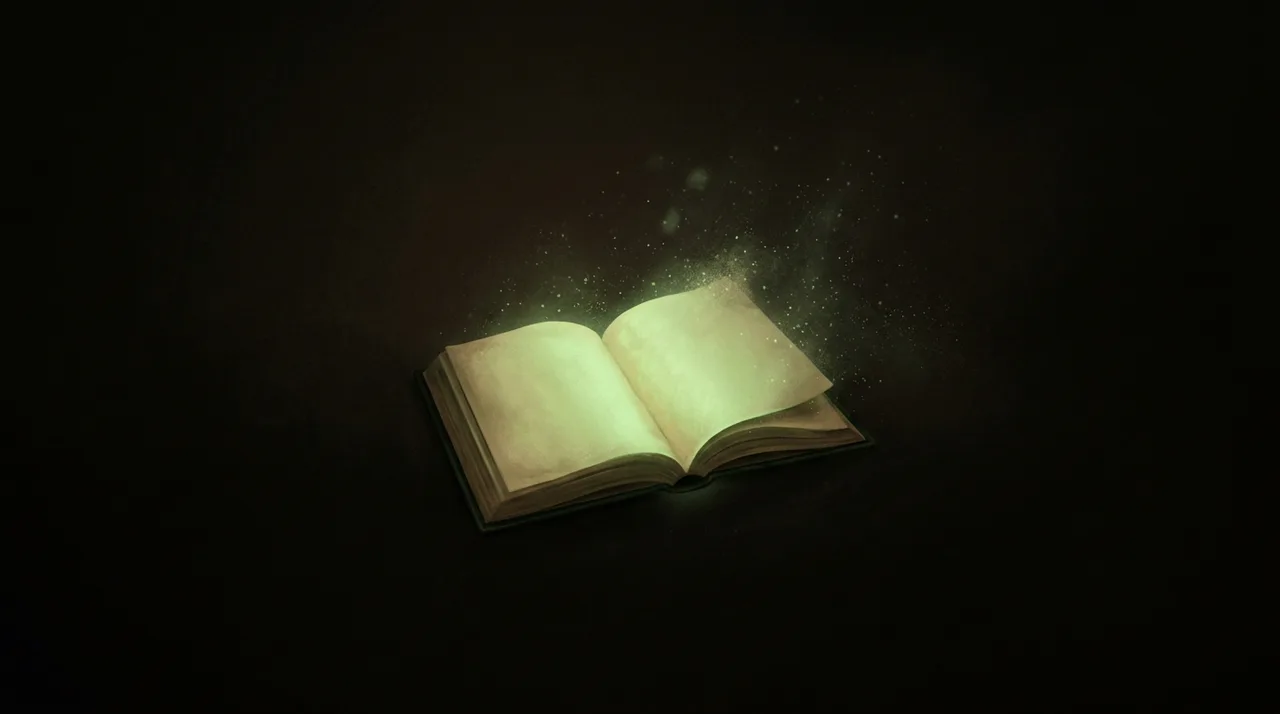 an open book glowing green in the dark, its light dissolving into faint particles