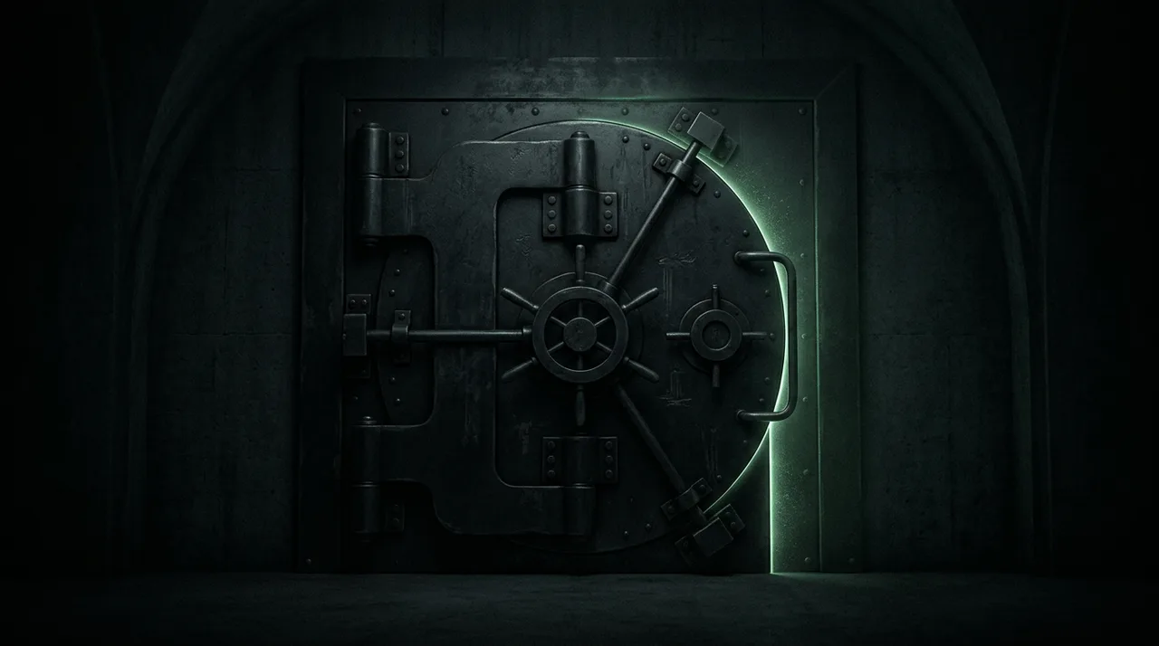 a dark vault door with a thin line of green light escaping from its seam