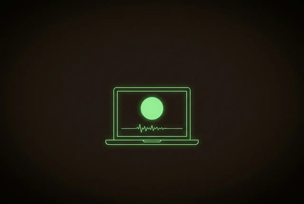 a laptop showing a glowing record dot and a soundwave line
