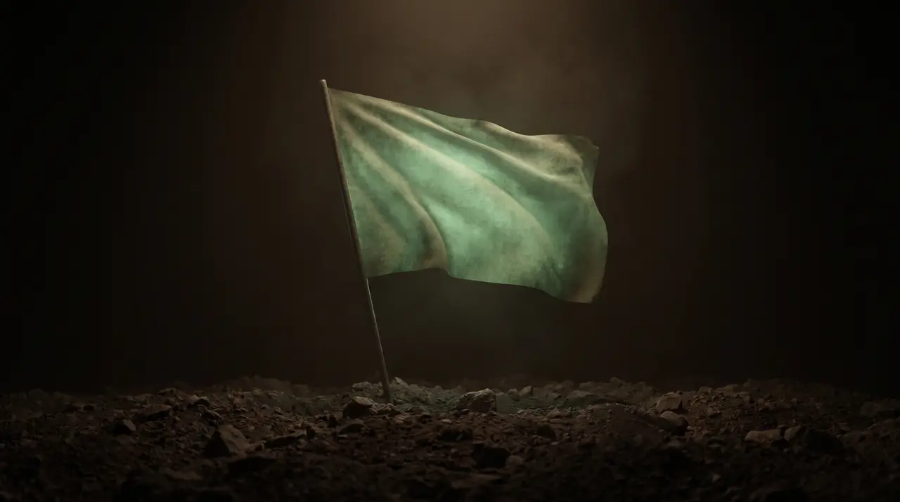 a green flag planted firmly in dark soil, alone