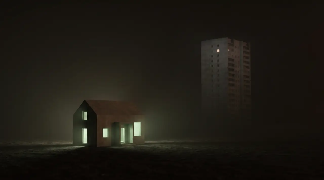a green-lit house on its own ground versus a faint apartment window in a distant grey tower