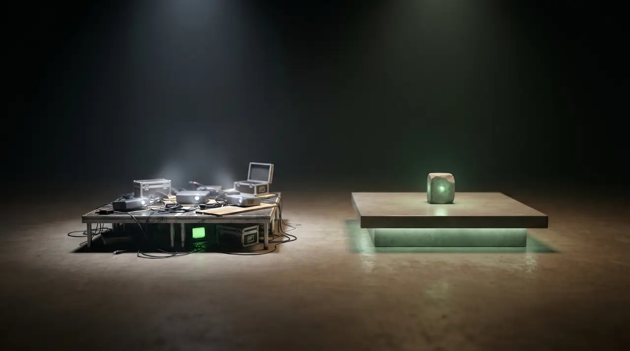 a crowded bright rented stage beside a solitary green-lit owned platform in darkness