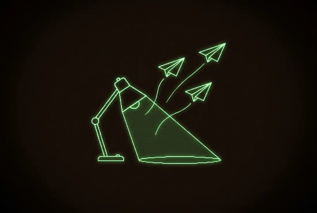 three paper planes flying out of a desk lamp's light into the dark