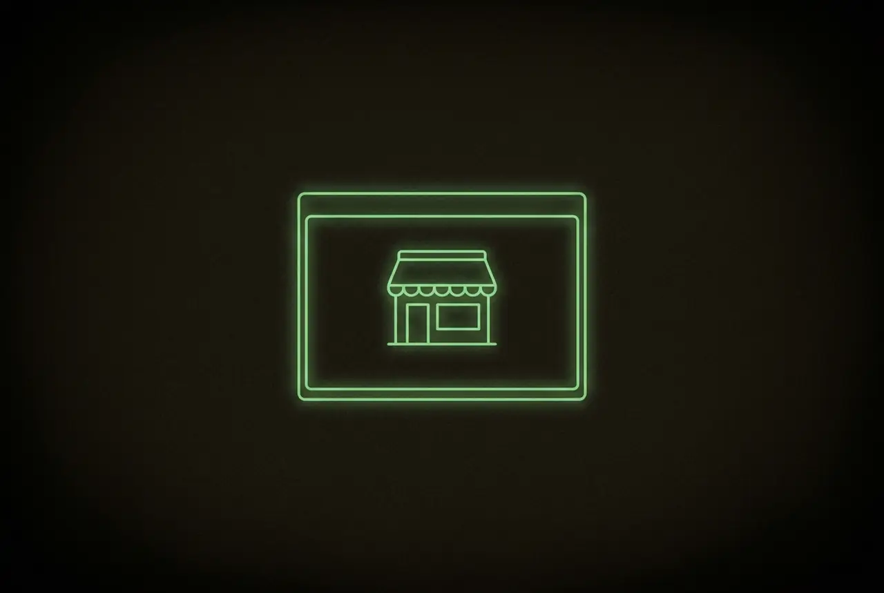 a small glowing storefront framed inside a browser window