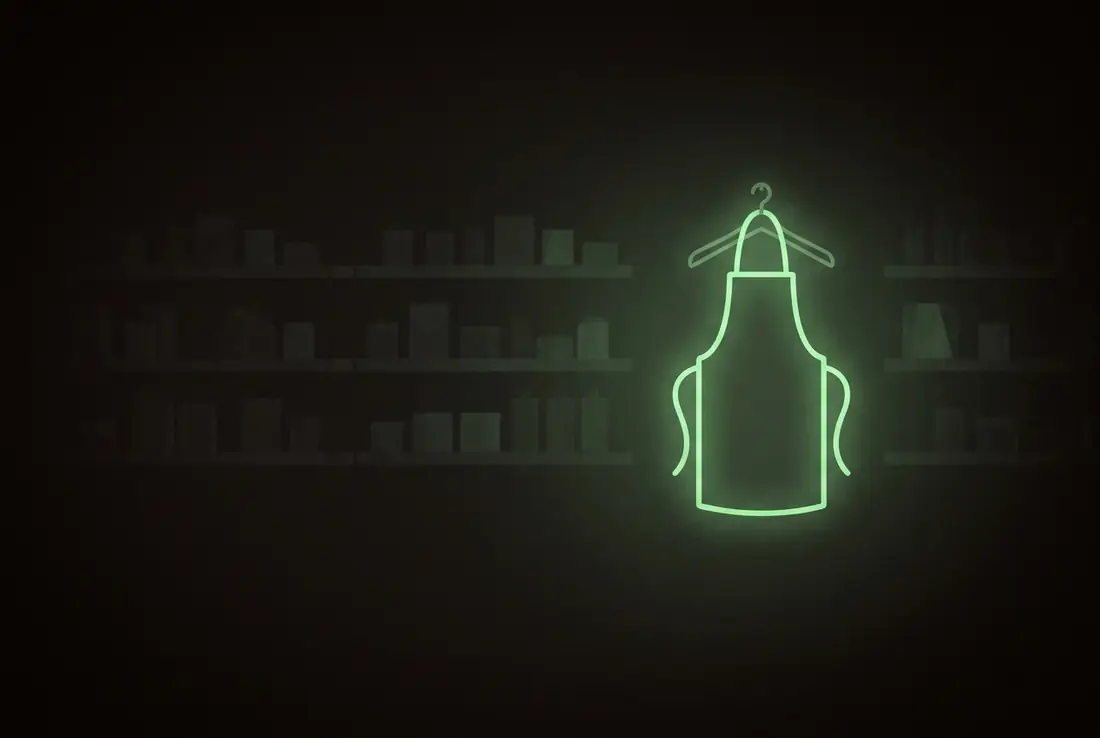 one spotlit apron on a hook, dim generic shelves far behind - the specific store