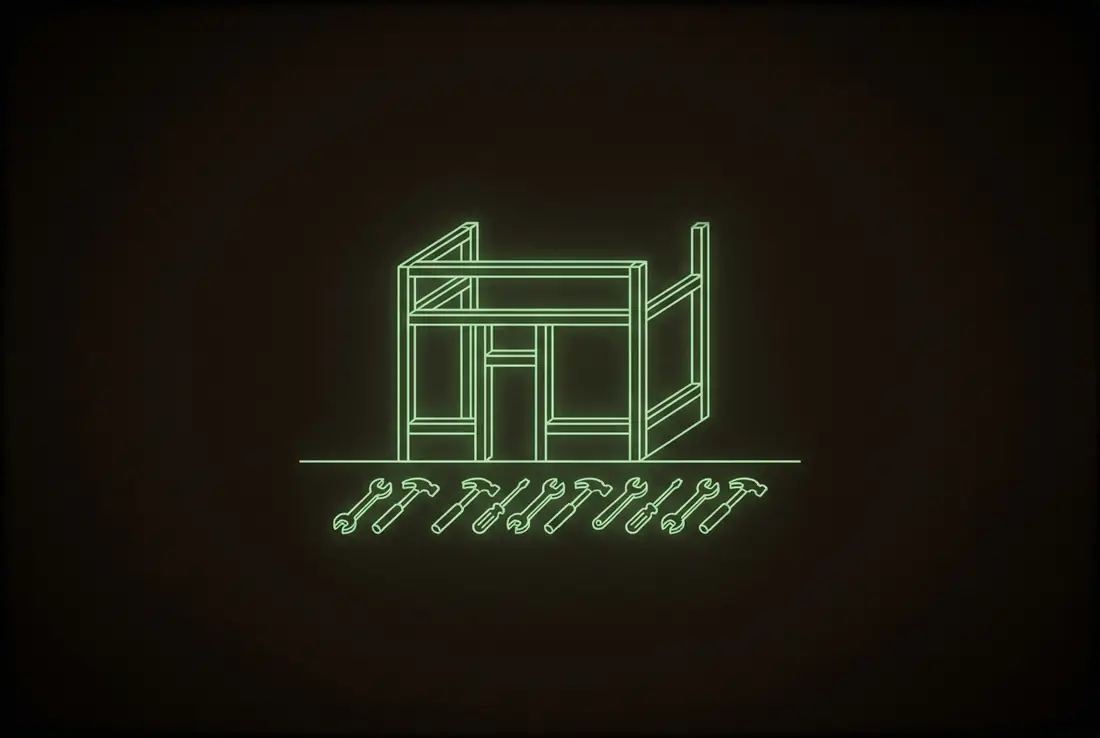 a storefront frame half-assembled from glowing beams, tools resting below