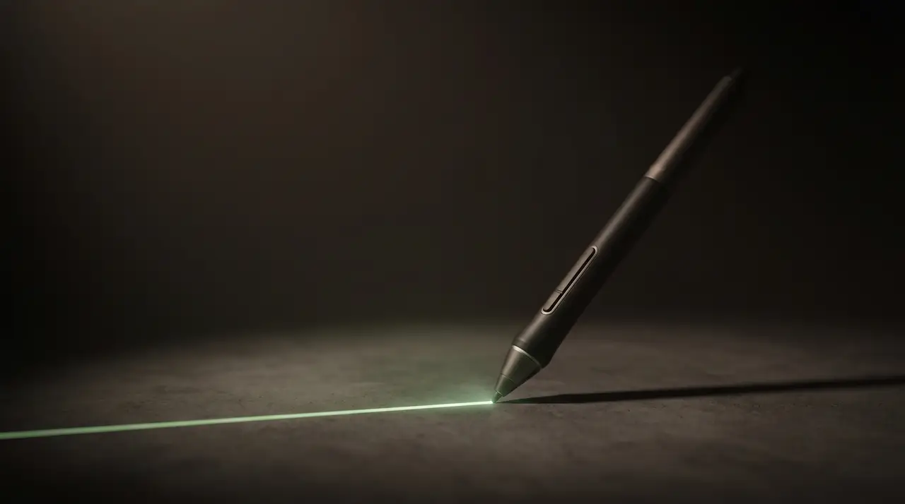 a single green pen-tool drawing a clean line of light, dark