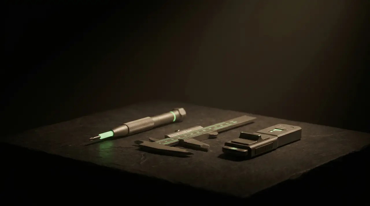 three small green tools arranged for one pair of hands, dark