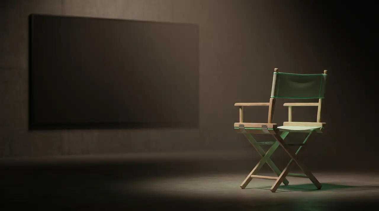 an empty green-lit director's chair facing a dark blank screen, vast negative space