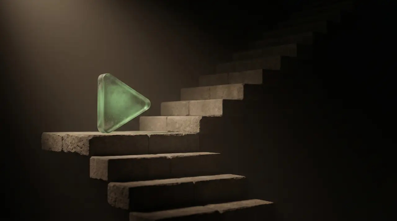 a small green play-button glowing at the top of a tall dark climb of steps