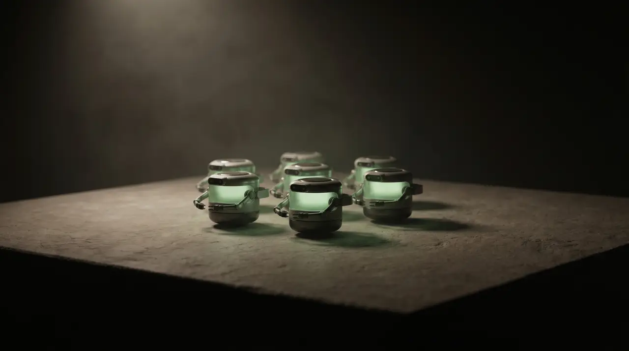 several small green agents working in quiet parallel in the dark