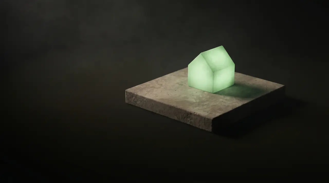 a green foundation slab where a small house of light sits, dark