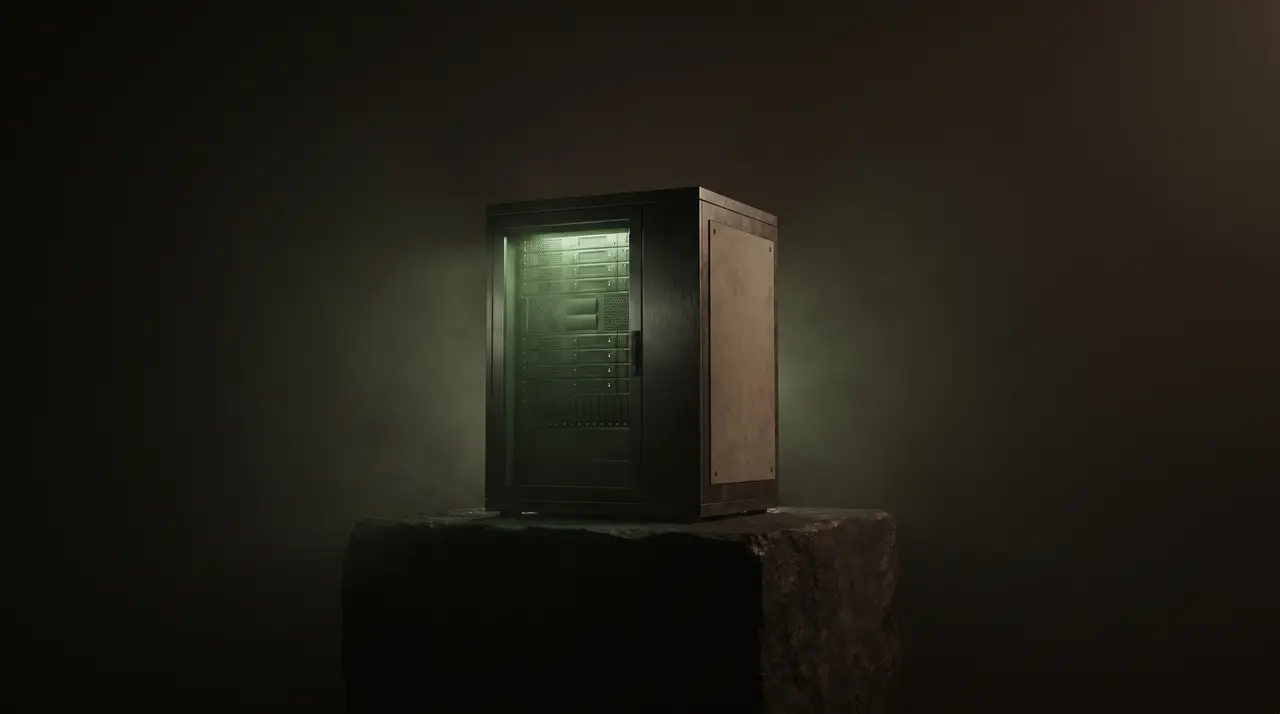 a quiet green server cube glowing softly in empty darkness