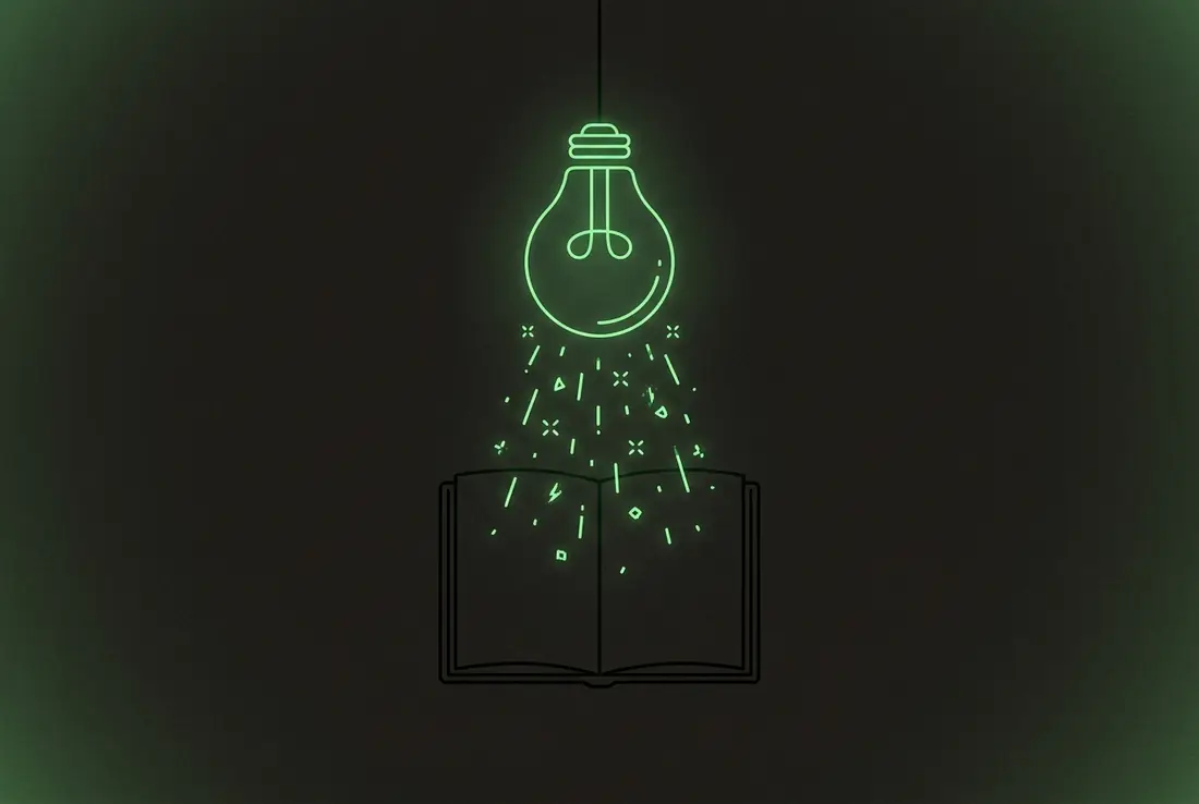 a glowing lightbulb raining small sparks of light into an open notebook