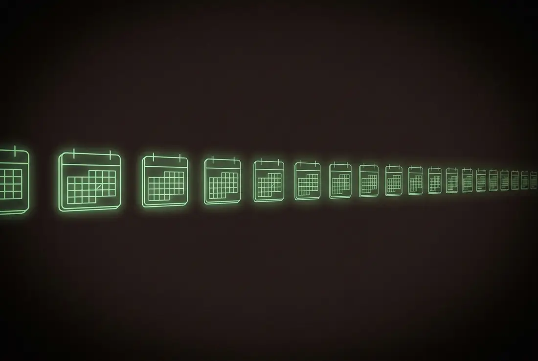 a long row of evenly spaced glowing calendar tiles stretching into darkness, every tile lit