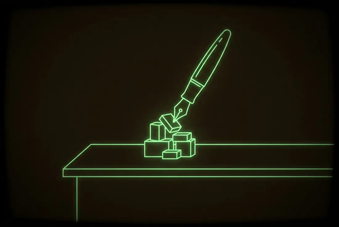 a glowing fountain pen assembling a small structure of stacked luminous blocks