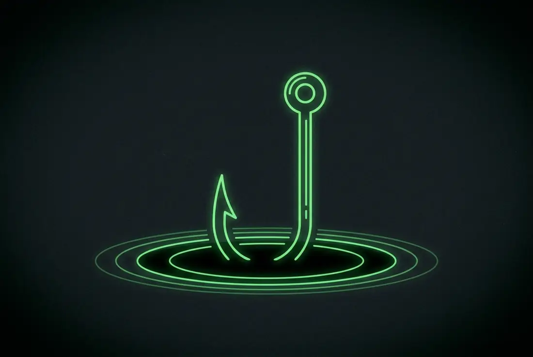 a large glowing fishing hook dipping into dark water, a ring of light rippling around it