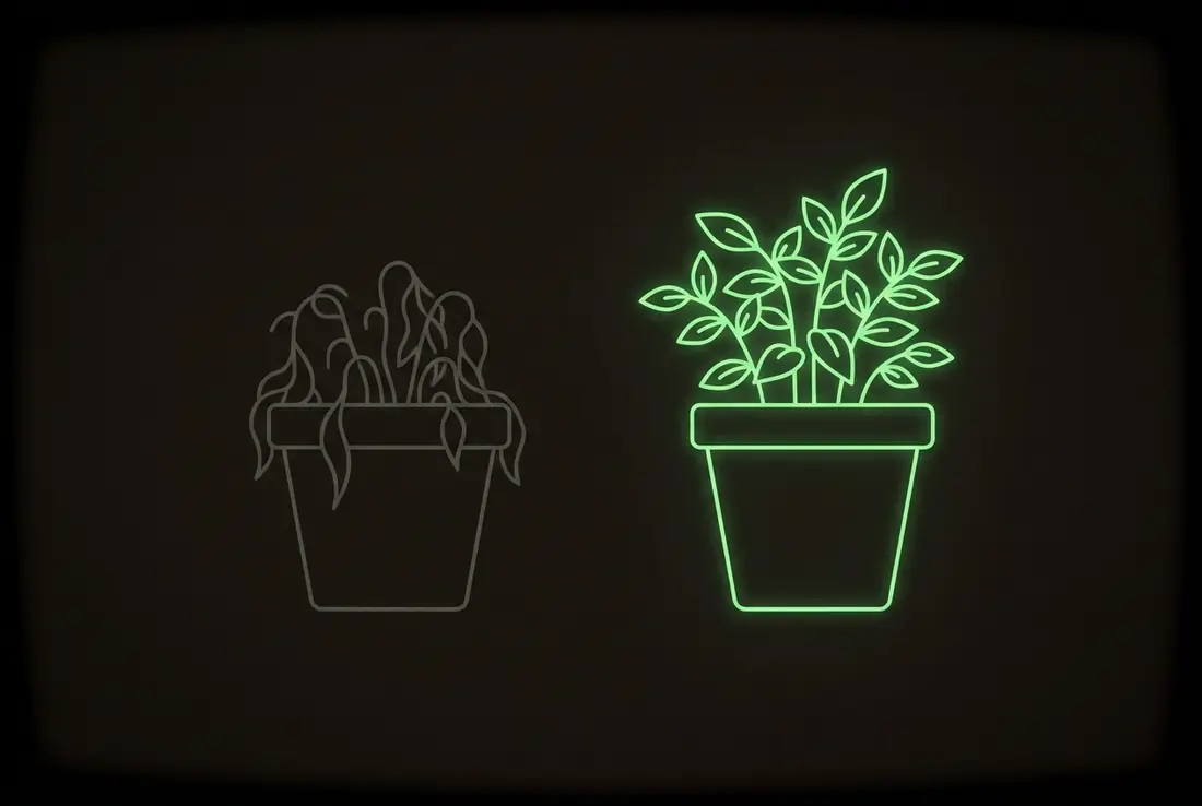 two matching plant pots, one holding a wilted grey plant, the other the same plant regrown and glowing