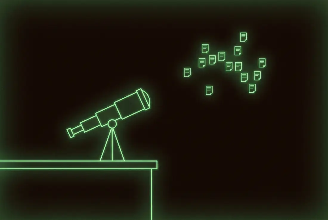 a telescope on a dark rooftop aimed at a constellation of small glowing pages