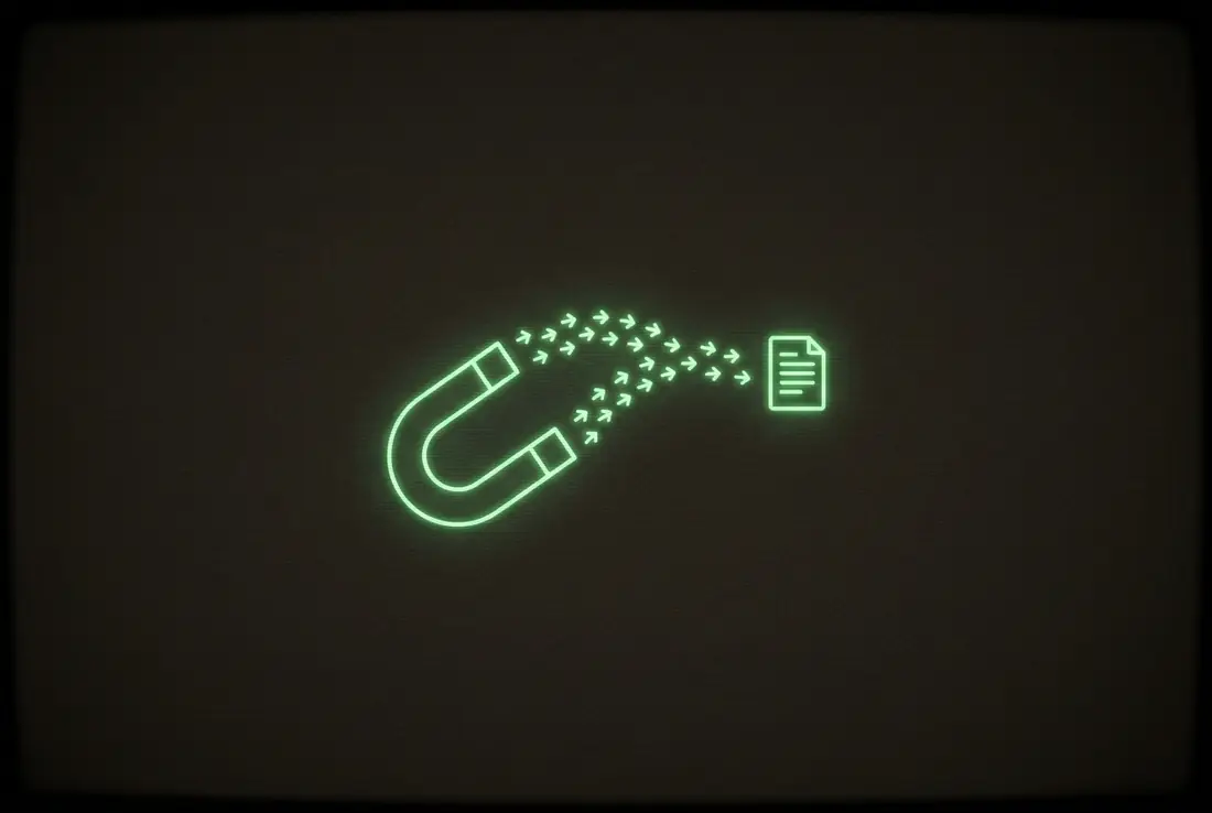 a horseshoe magnet drawing a stream of tiny glowing arrows toward one bright page