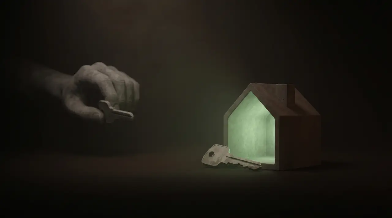a small green house with its key held by a distant grey hand