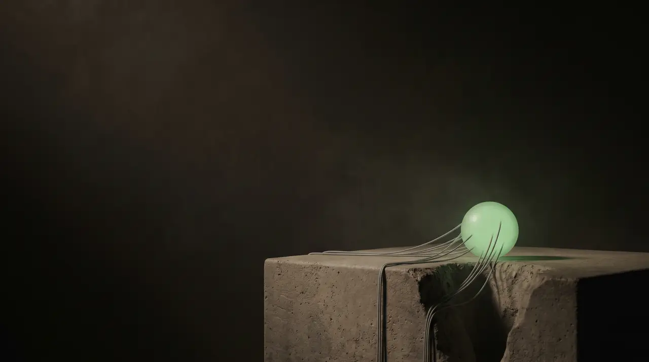green light being siphoned away by thin grey threads, dark