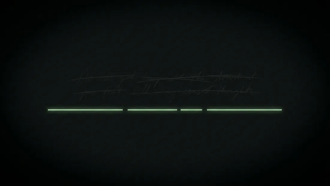 a dark page with one glowing fill-in line and faint crossed-out attempts above it