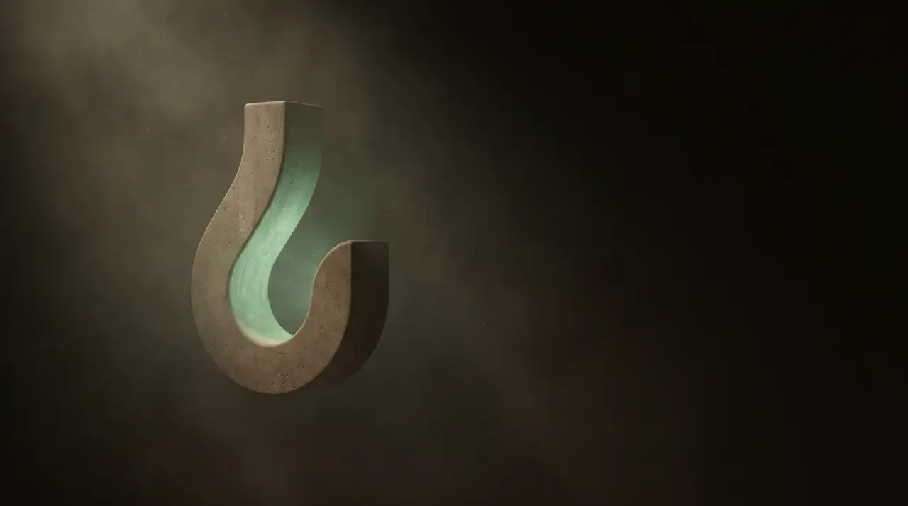 a green-lit hook shape catching faint floating motes in darkness