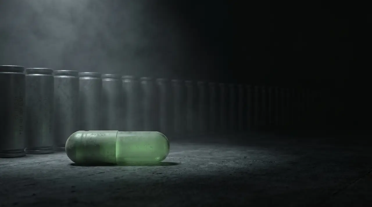 endless faint identical shapes scrolling into dark, one green pause