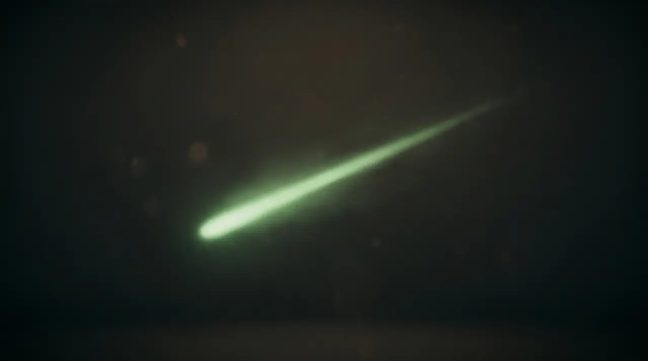 a green comet streaking bright across dark sky, a clear focused line