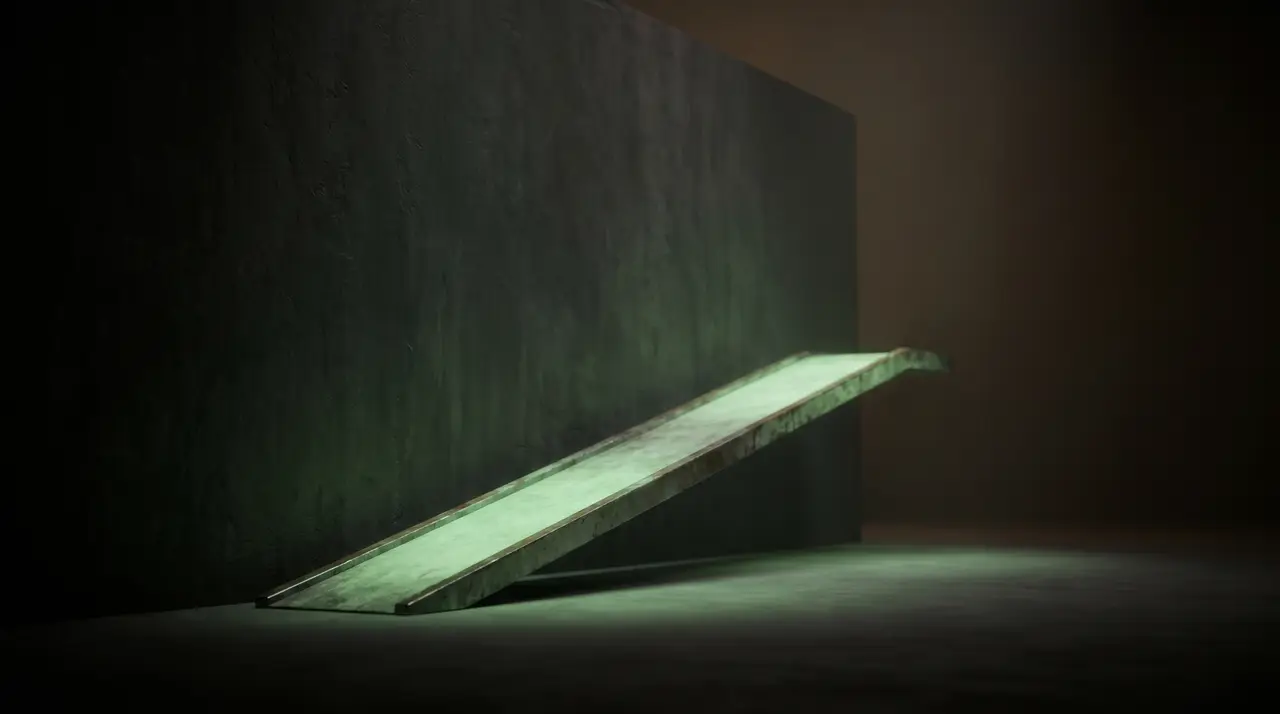 a green-lit ramp built up to a wall in the dark, the wall itself unlit