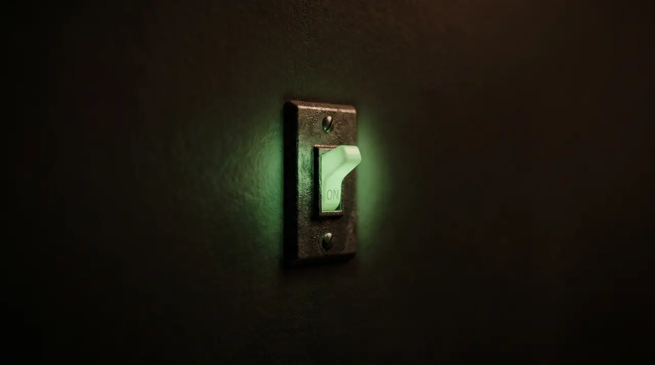 a single green light switch flipped on against a dark wall, soft glow