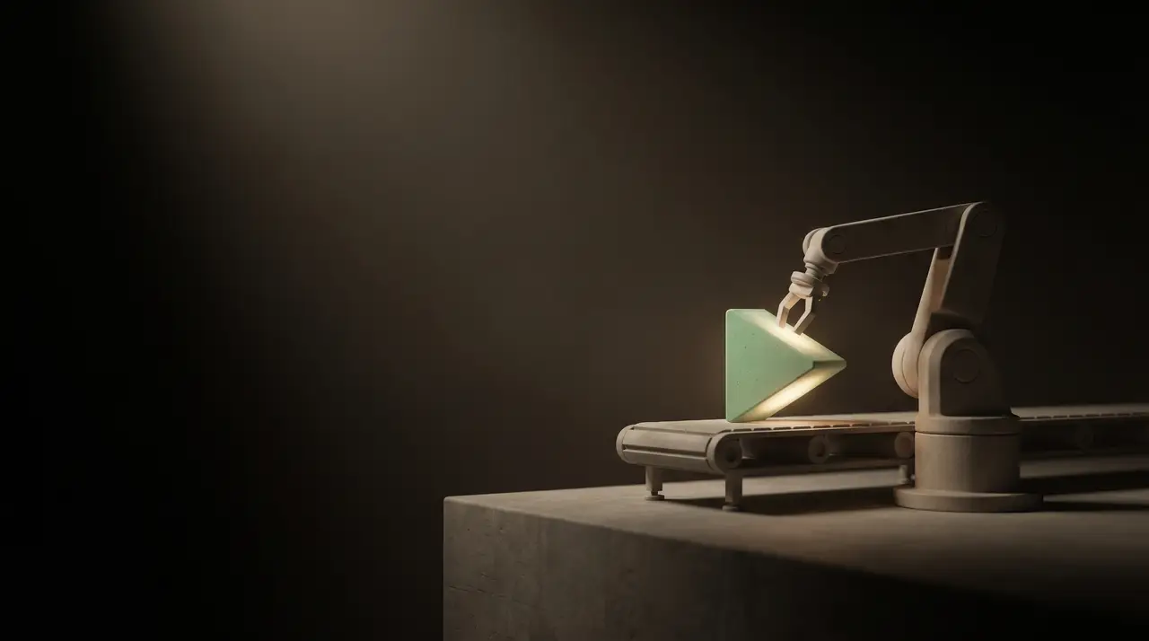 a quiet green production line assembling a glowing play shape